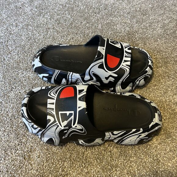 Champion Meloso Squish Slides Sandals Oversized Black White Panda Logo Men’s 12